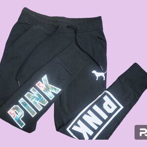 PINK Victoria's Secret jogger leggings dog on left waist pink on left leg and tr